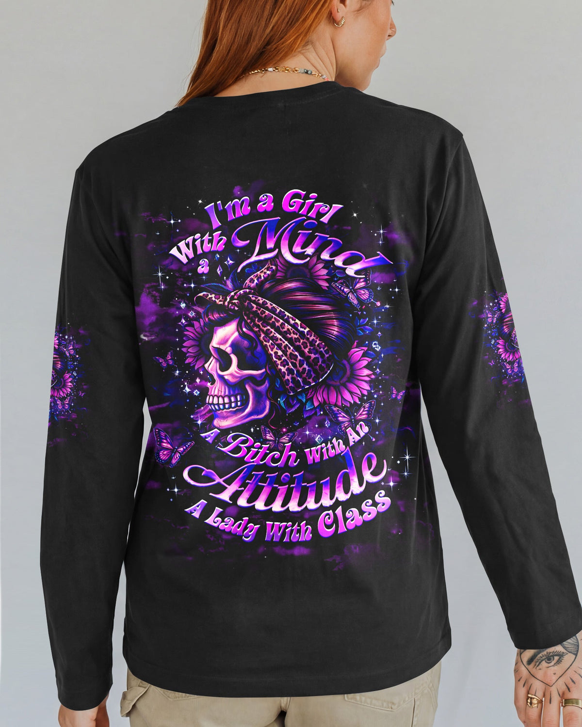 I'M A GIRL WITH A MIND SKULL MESSY BUN ALL OVER PRINT  - TLHG0904262