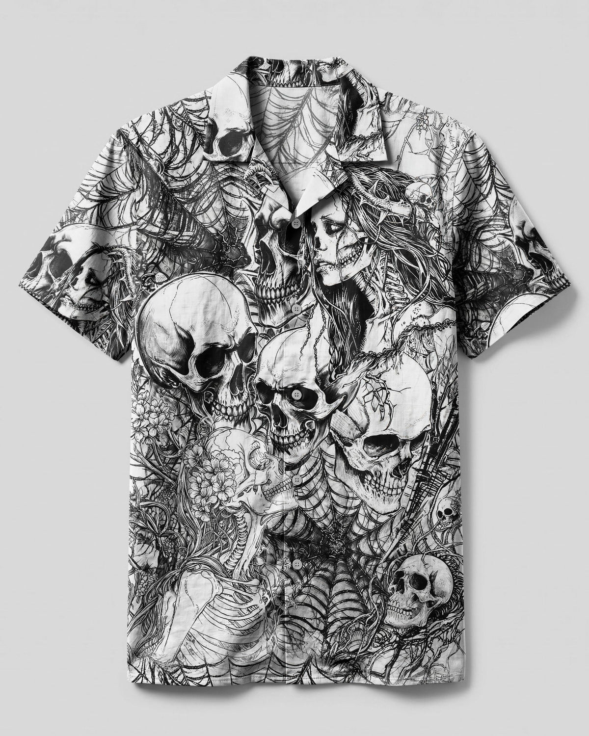 HORROR SKULLS AND SPECTRAL WOMAN CAMP SHIRT - TLHG2906262