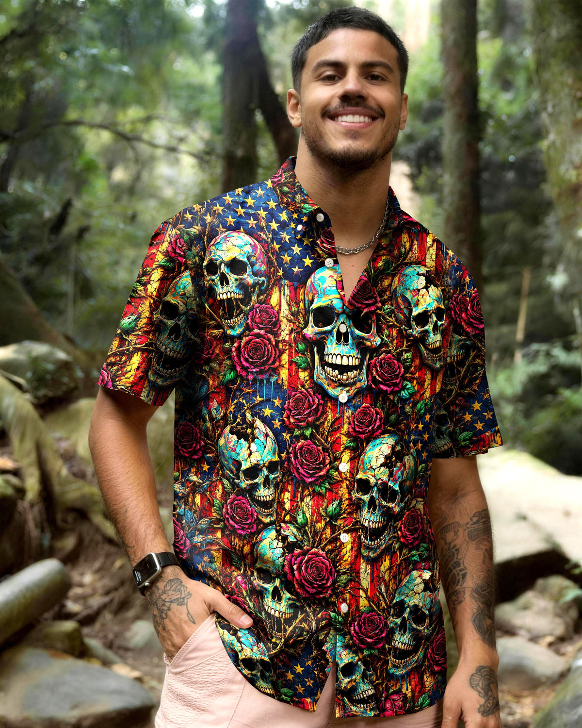 BROKEN SKULL ROSE VINTAGE STARS & STRIPES COLLAR SHIRT  - TLNT0306263