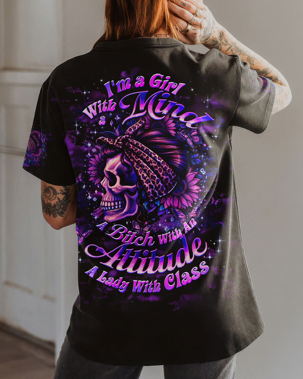 I'M A GIRL WITH A MIND SKULL MESSY BUN ALL OVER PRINT  - TLHG0904262