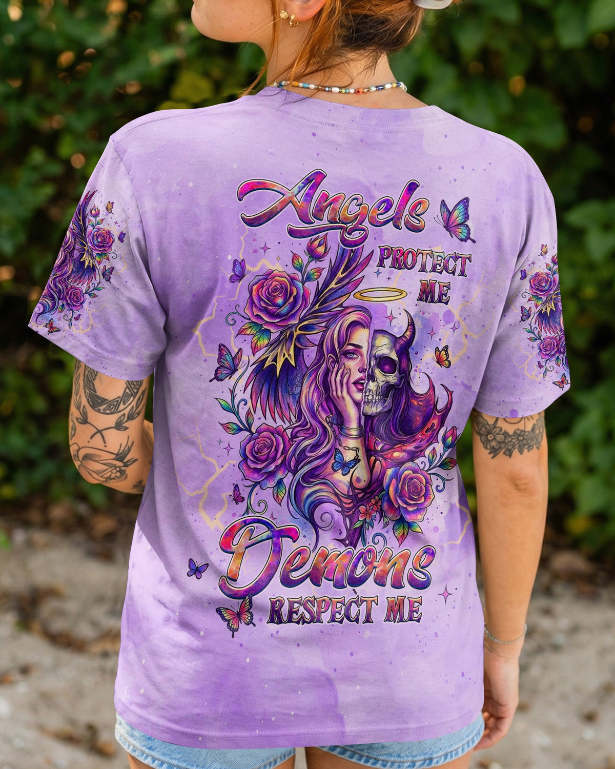 ANGELS PROTECT ME DEMONS RESPECT ME SKULL LADY ALL OVER PRINT - TLHG1704261