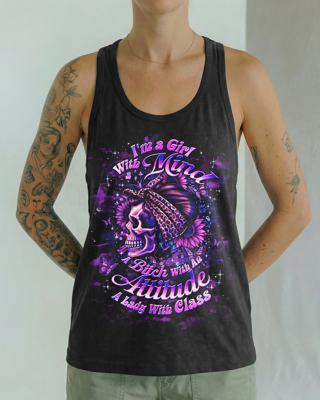 I'M A GIRL WITH A MIND SKULL MESSY BUN ALL OVER PRINT  - TLHG0904262