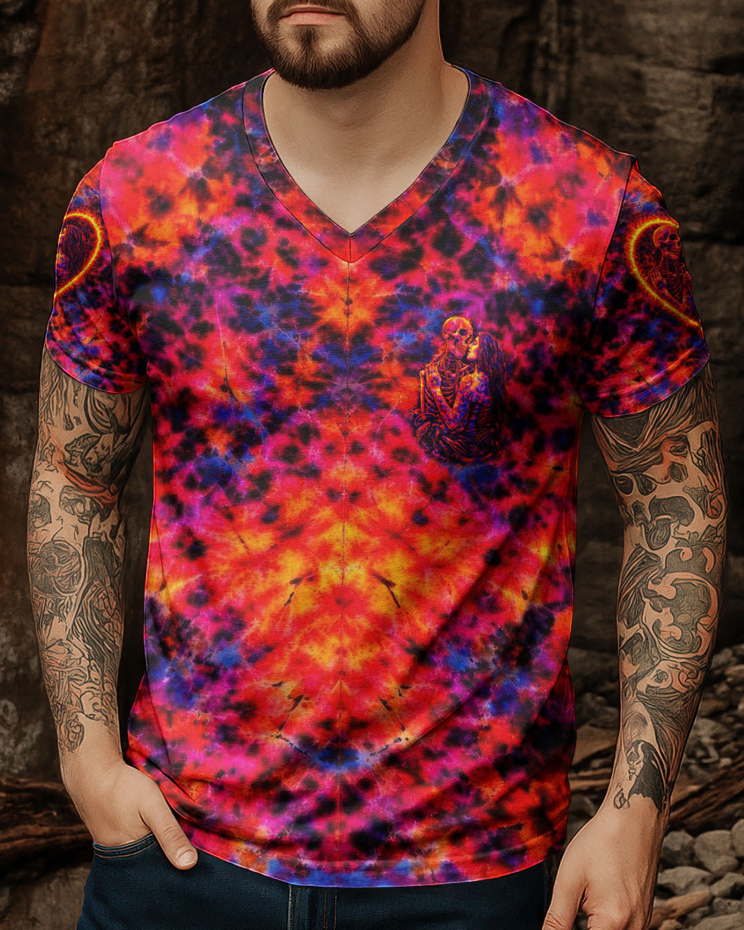 SKELETON COUPLE NEON ORANGE SWIRL ALL OVER PRINT - TLTW1001261