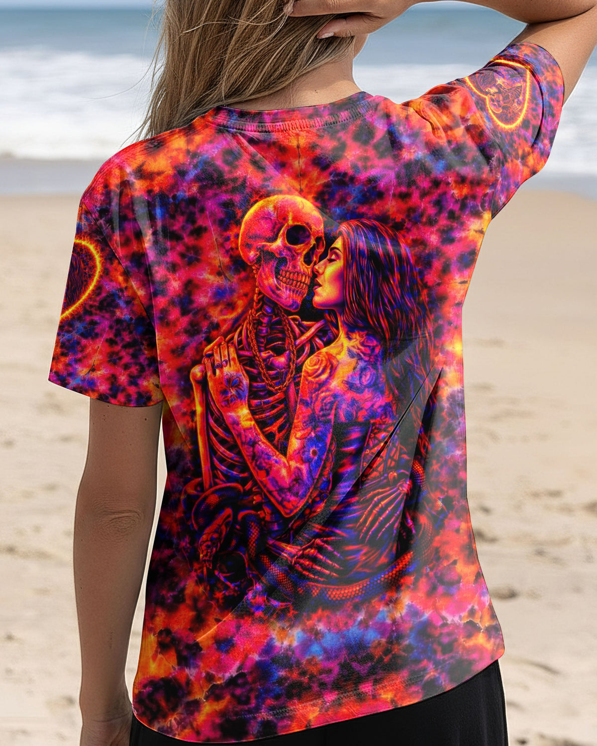SKELETON COUPLE NEON ORANGE SWIRL ALL OVER PRINT - TLTW1001261