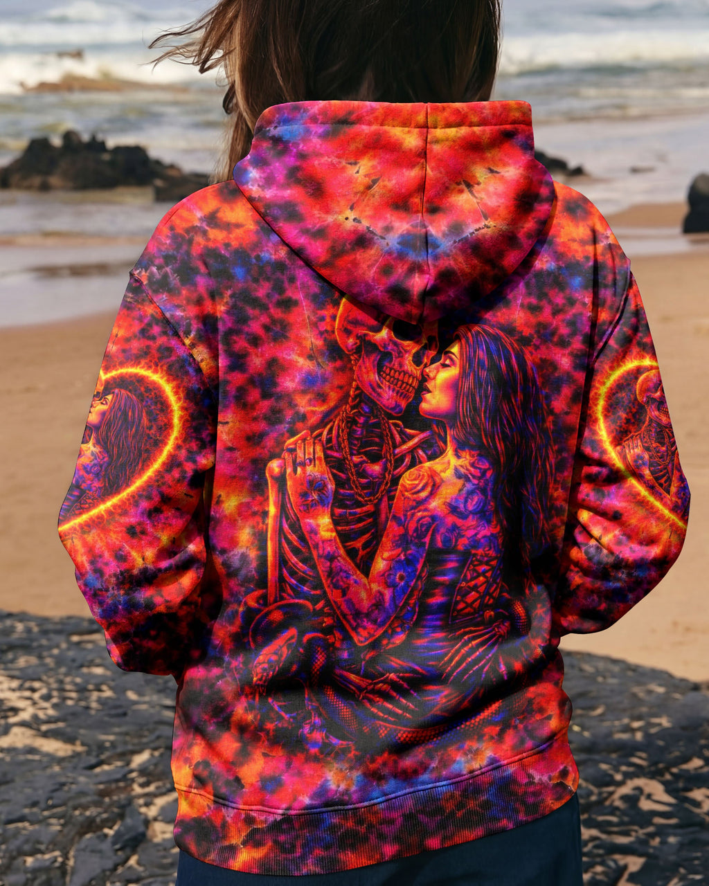 SKELETON COUPLE NEON ORANGE SWIRL ALL OVER PRINT - TLTW1001261