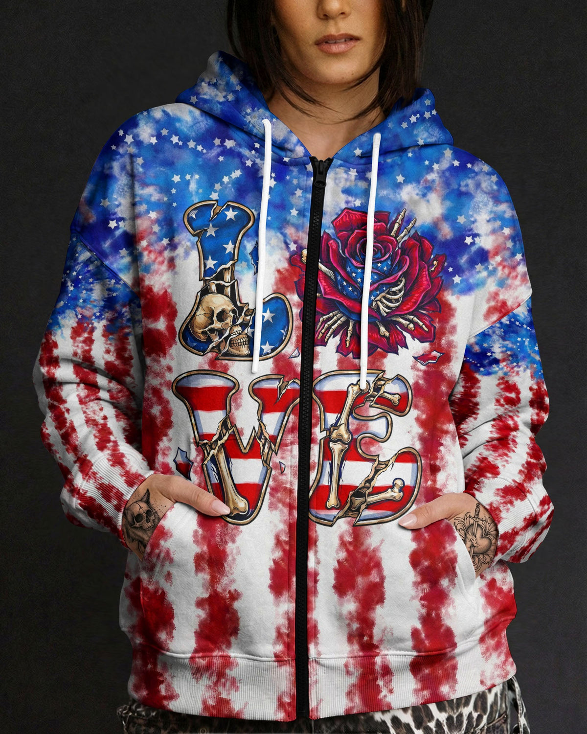 LOVE SKULL RED WHITE AND BLUE ALL OVER PRINT - TYLN2004261